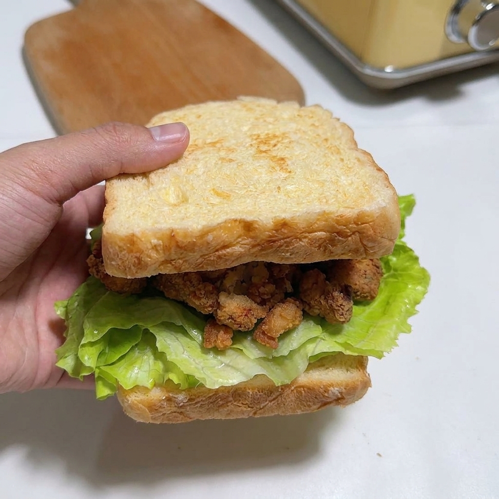 Eine Hand legt die obere Toastscheibe auf das fertig geschichtete Sandwich.