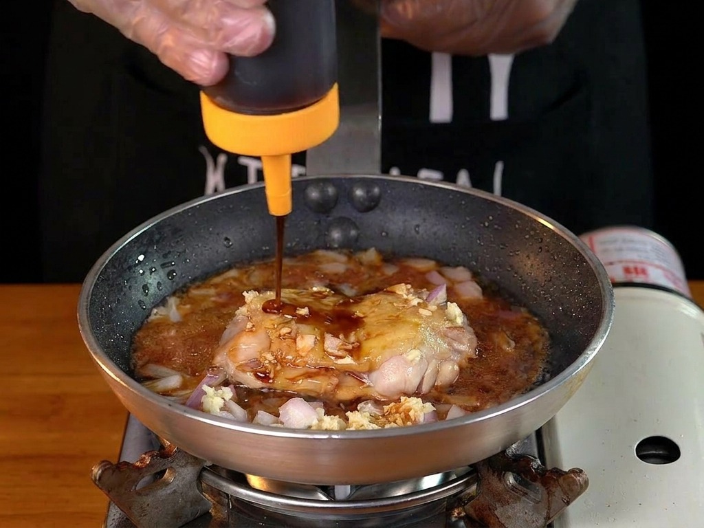 Dunkle Sauce wird aus einer Spritzflasche über eine in der Pfanne bratende Hähnchenkeule mit gewürfelten Zwiebeln und Knoblauch gegossen.