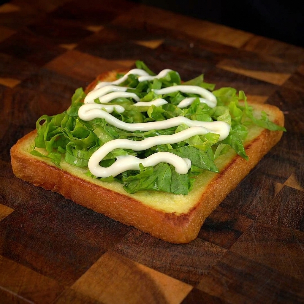 Geschnittener grüner Salat auf einer Scheibe goldbraunem Toast, garniert mit einem Streifen cremiger weißer Mayonnaise.