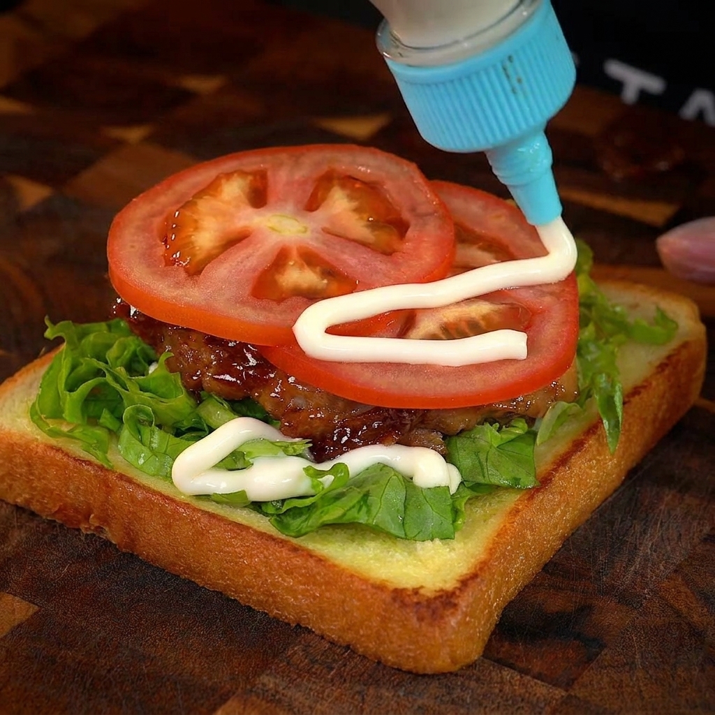 Frische Tomatenscheiben werden mit Mayonnaise auf einem geschichteten Hähnchen-Sandwich garniert.