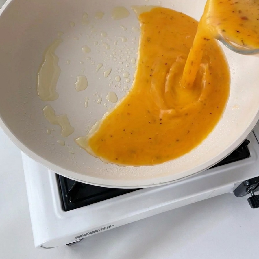 Die gelbe, verquirlte Eimasse wird aus einem Glaskrug in eine weiße Keramikpfanne gegossen, die leicht mit Öl beschichtet ist.