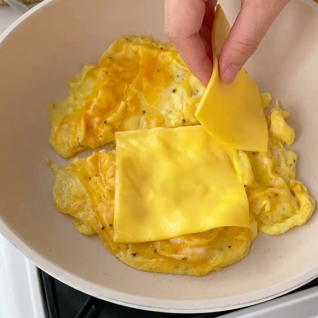 Eine Hand legt eine Scheibe gelben Schmelzkäse auf eine Pfanne mit weichem, glänzendem Rührei, das noch leicht flüssig ist.