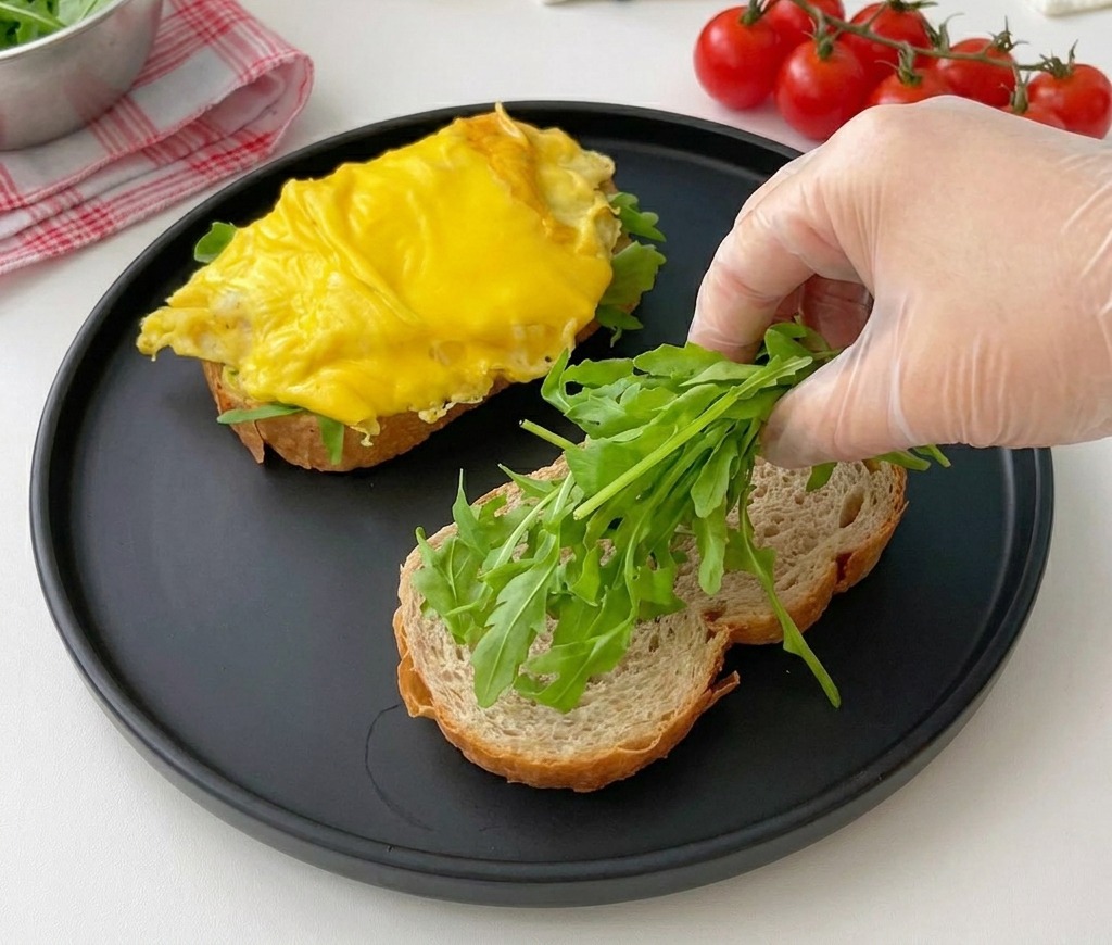 Eine behandschuhte Hand legt ein Bündel frischen grünen Rucola auf dicke Scheiben geröstetes Brot auf einem mattschwarzen Teller.