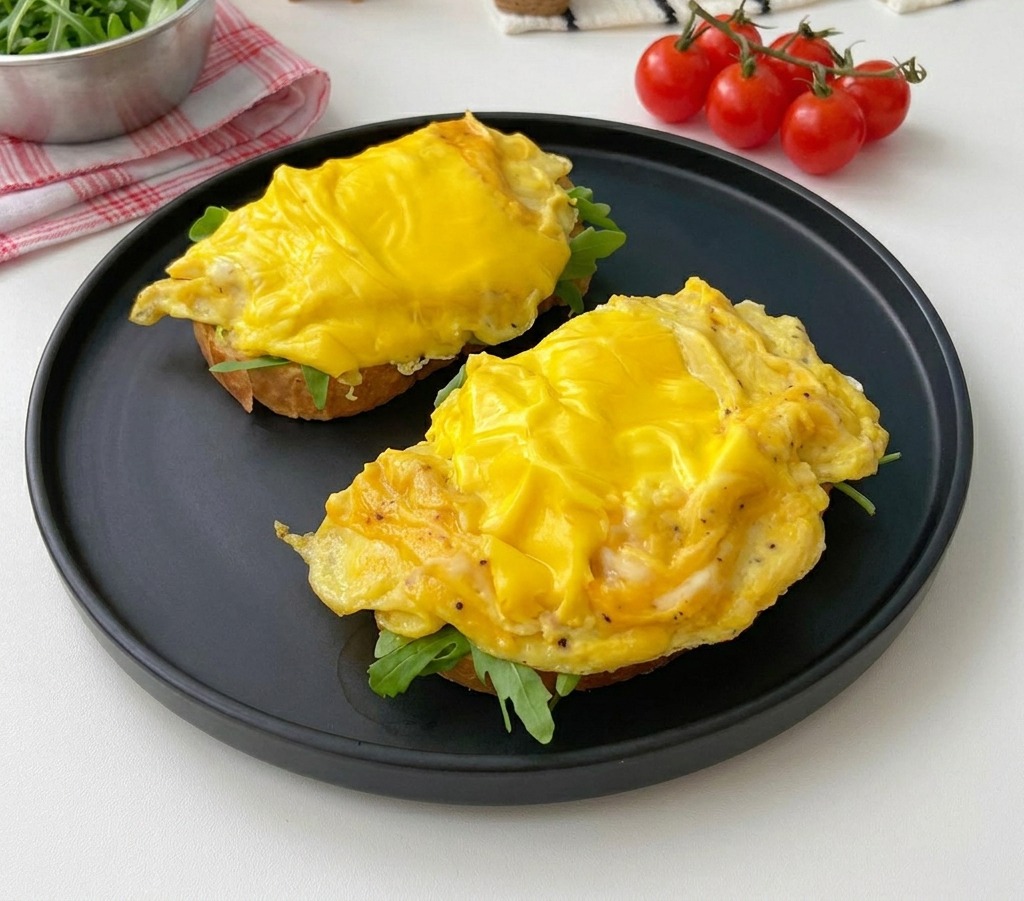 Zwei Scheiben geröstetes Brot auf einem mattschwarzen Teller, belegt mit frischem Rucola und großen Portionen Rührei mit geschmolzenem gelbem Käse.