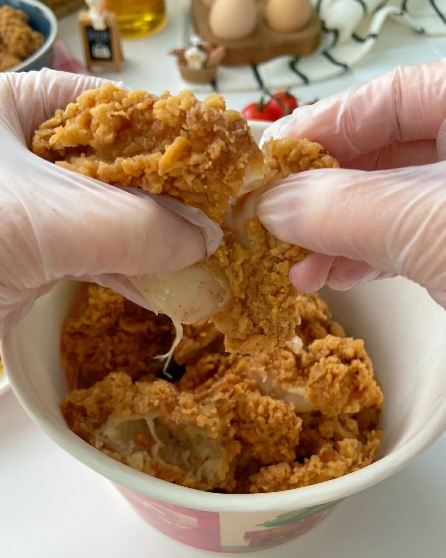 Zwei Hände mit Klarsichthandschuhen zupfen ein großes Stück goldbraunes, knuspriges Brathähnchen auseinander und legen das saftige weiße Fleisch frei.