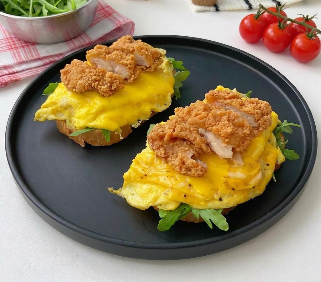 Nahaufnahme von zwei Open-Faced Sandwiches auf einem schwarzen Teller mit Röstbrot, Rucola, Käse-Rührei und einem Berg aus knusprigen Hähnchenstücken.