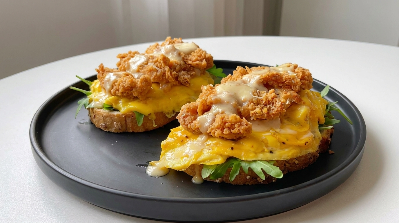 Knuspriges Brathähnchen auf cremigem Käse-Rührei-Toast