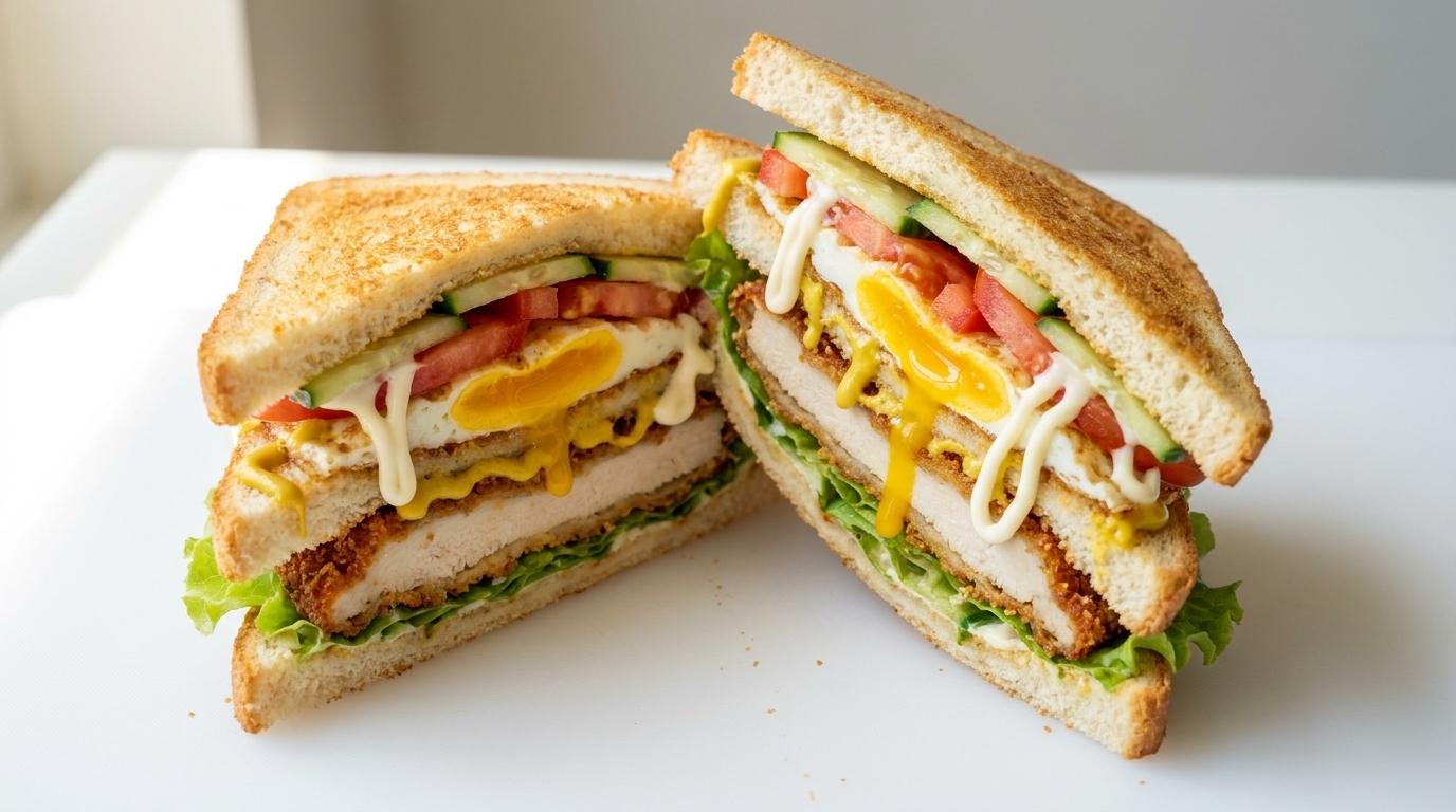 Knuspriges Hähnchen-Club-Sandwich mit Spiegelei