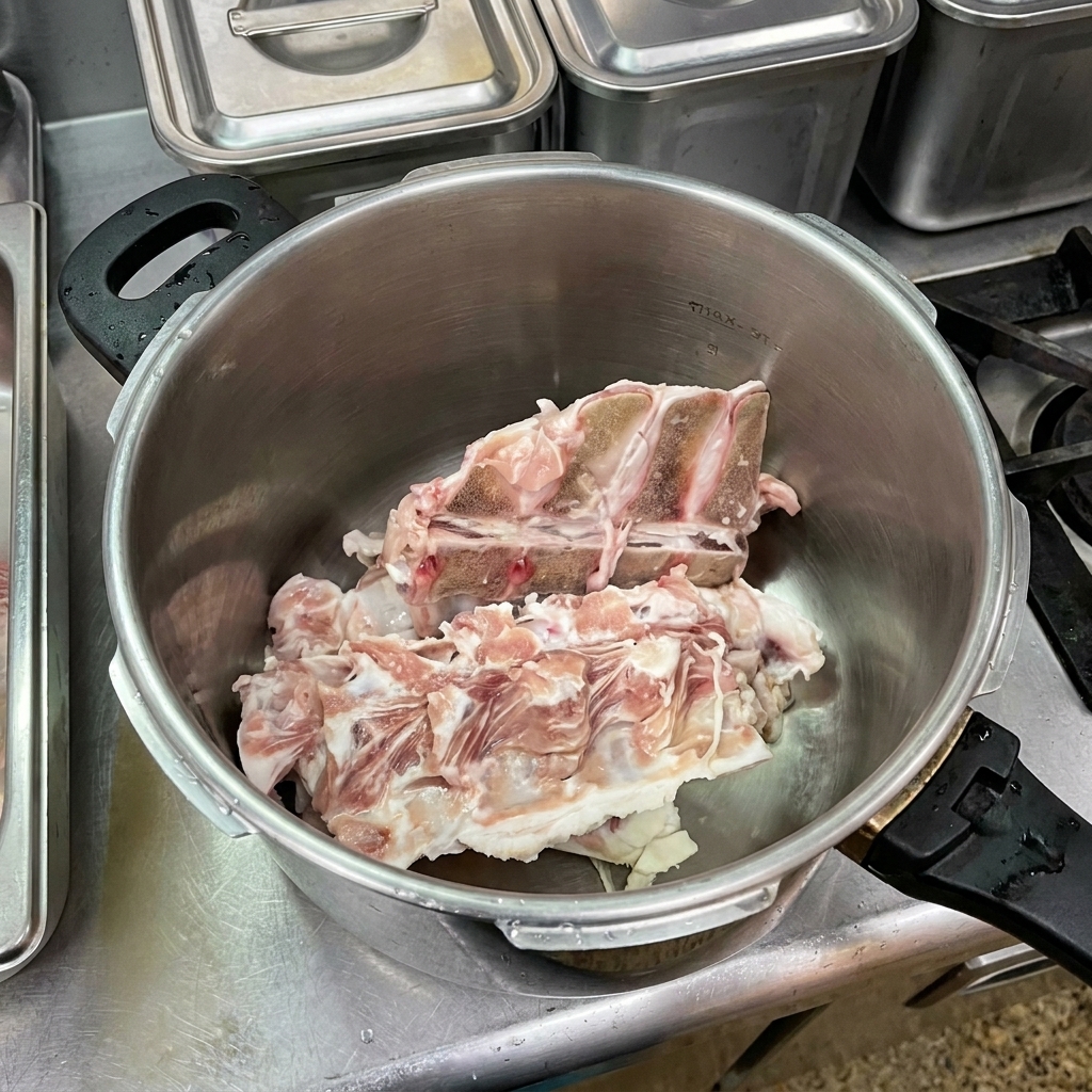 Rohe Schweineknochen in einem großen, leeren Schnellkochtopf aus Edelstahl.