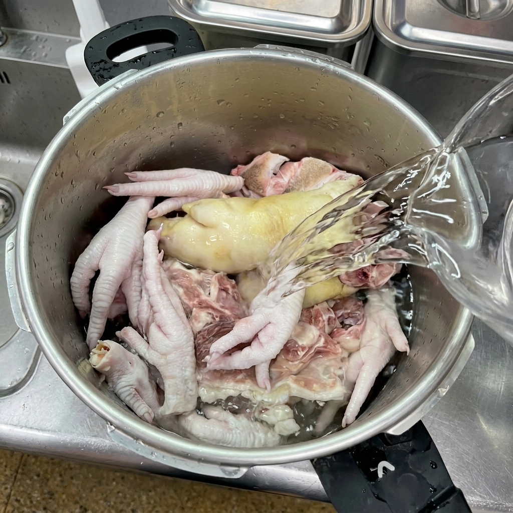 Klares Wasser wird aus einem Krug über rohe Hühnerfüße, einen Schweinsfuß und Schweineknochen in einem Edelstahltopf gegossen.