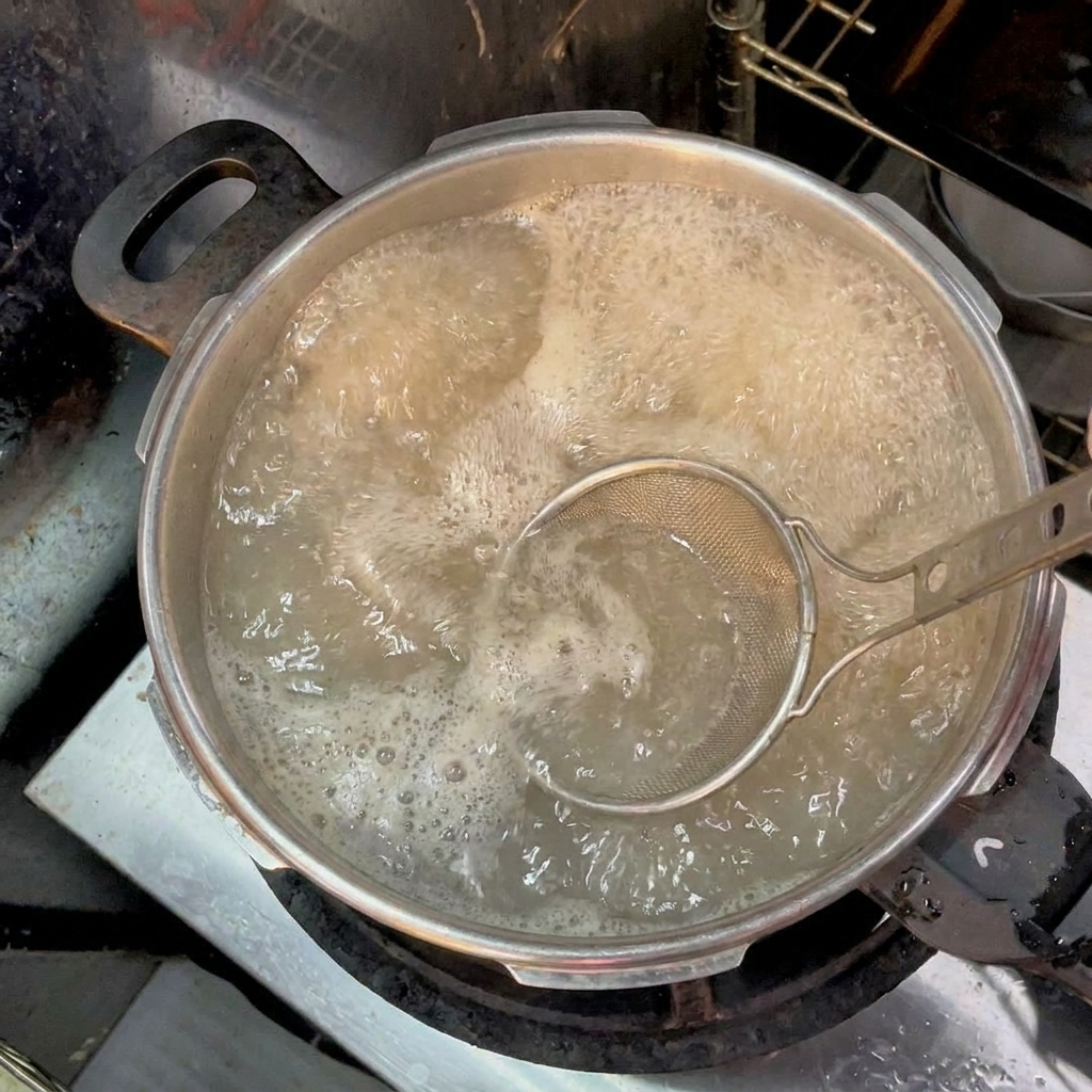 Ein feinmaschiges Sieb schöpft bräunlichen Schaum und schwimmende Unreinheiten von der Oberfläche des stark kochenden Wassers ab.