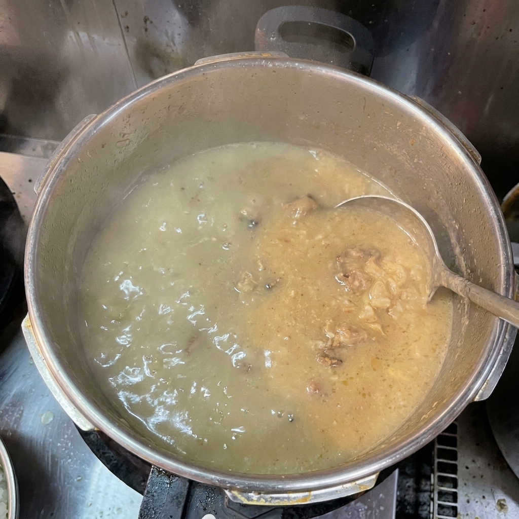 Dicke, cremige und opake Schweineknochenbrühe kocht kräftig in einem großen Metalltopf und wird mit einer Kelle gerührt.