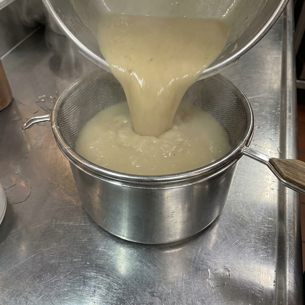 Dicke, blasse Tonkotsu-Brühe wird aus einem großen Topf durch ein feines Sieb in eine Edelstahlschüssel gegossen.