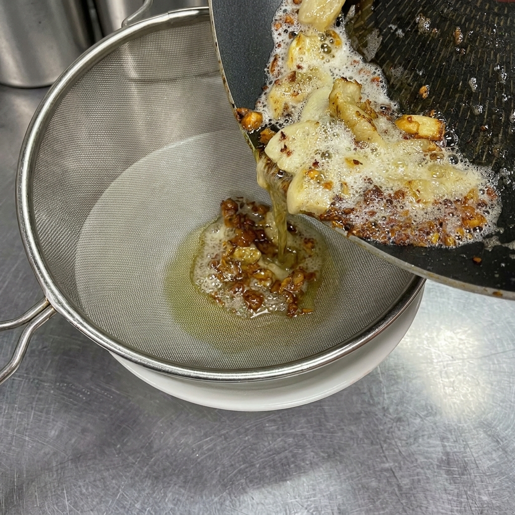 Heißes goldenes Öl und frittierte Knoblauchstücke werden aus einer Pfanne durch ein Sieb in eine Schüssel gegossen.