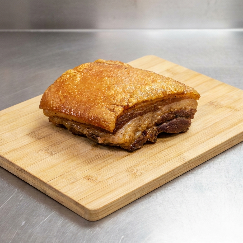 Ein großer Block zubereiteter, geschmorter Schweinebauch liegt auf einem Holzschneidebrett.