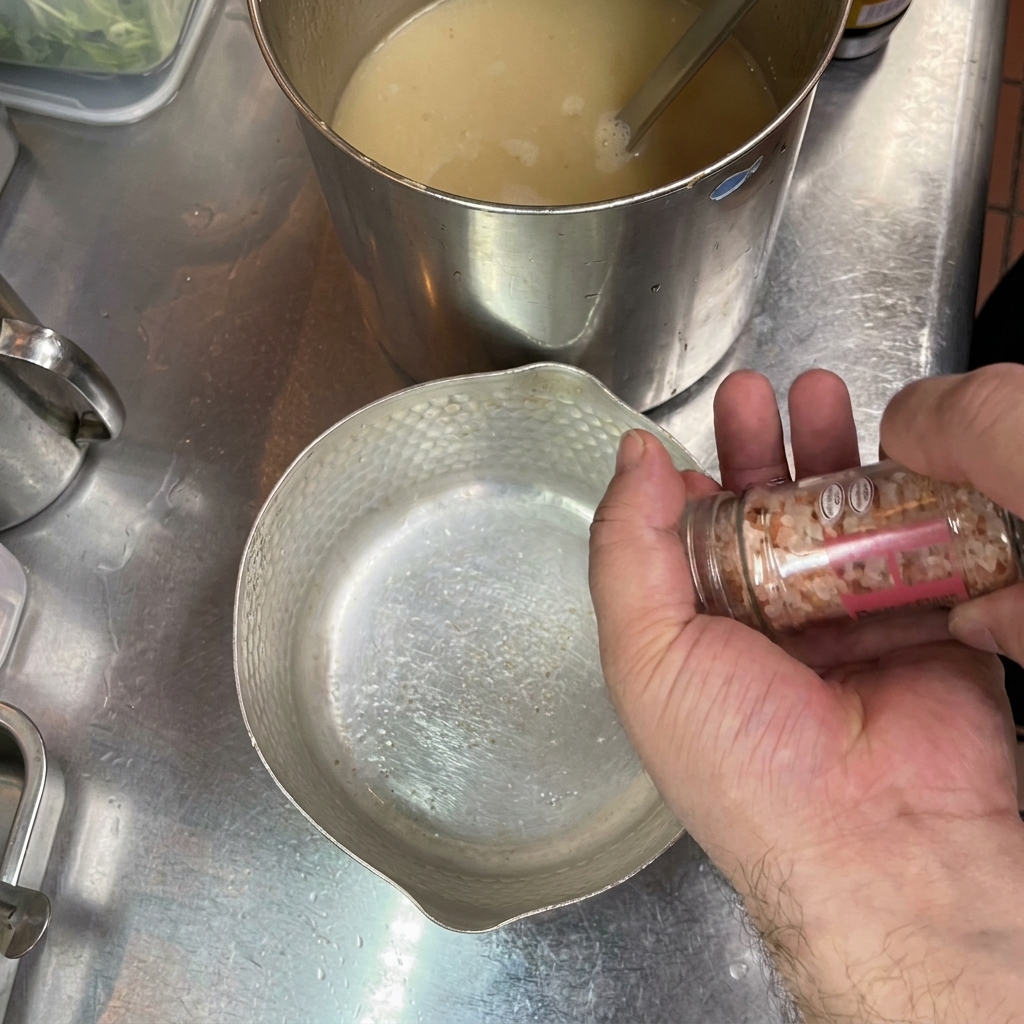 Eine Hand mahlt Salz in einen kleinen Metalltopf neben einem großen Topf mit Brühe.
