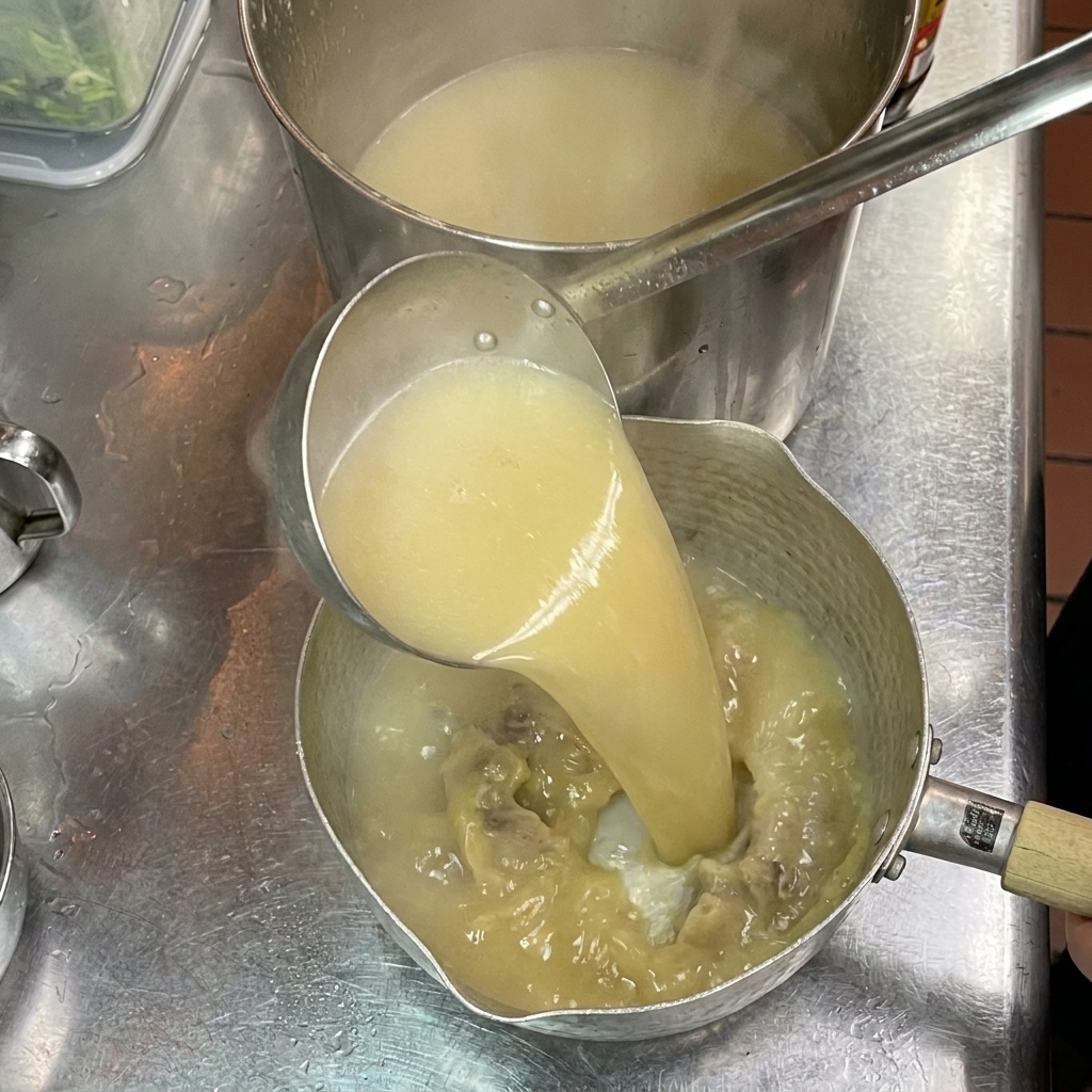Heiße, cremige Tonkotsu-Brühe wird mit einer Kelle aus einem Topf über die Gewürze in eine Schale gegossen.