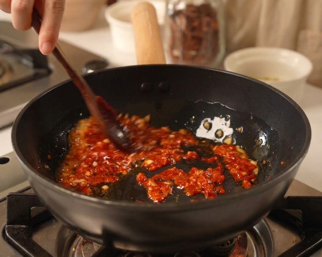 Ein Löffel leuchtend rote Gochujang-Paste wird zum Knoblauch in die Pfanne gegeben.