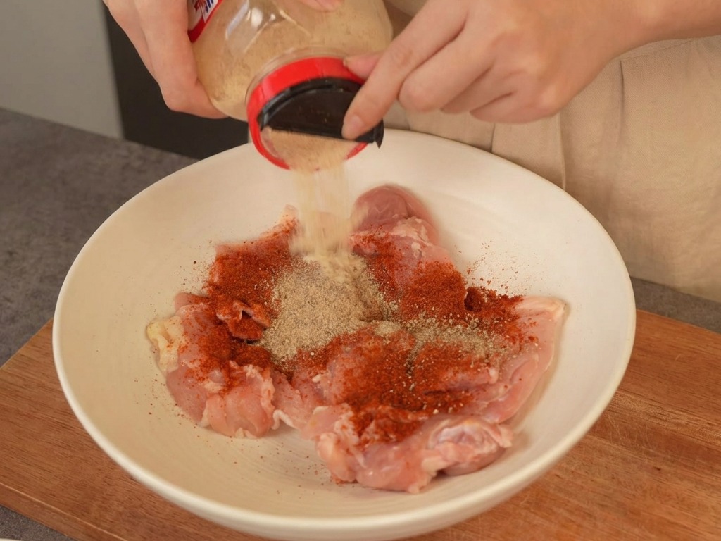 Knoblauchpulver wird über rohe Hähnchenoberschenkel mit Chilipulver in einer weißen Schüssel gestreut.