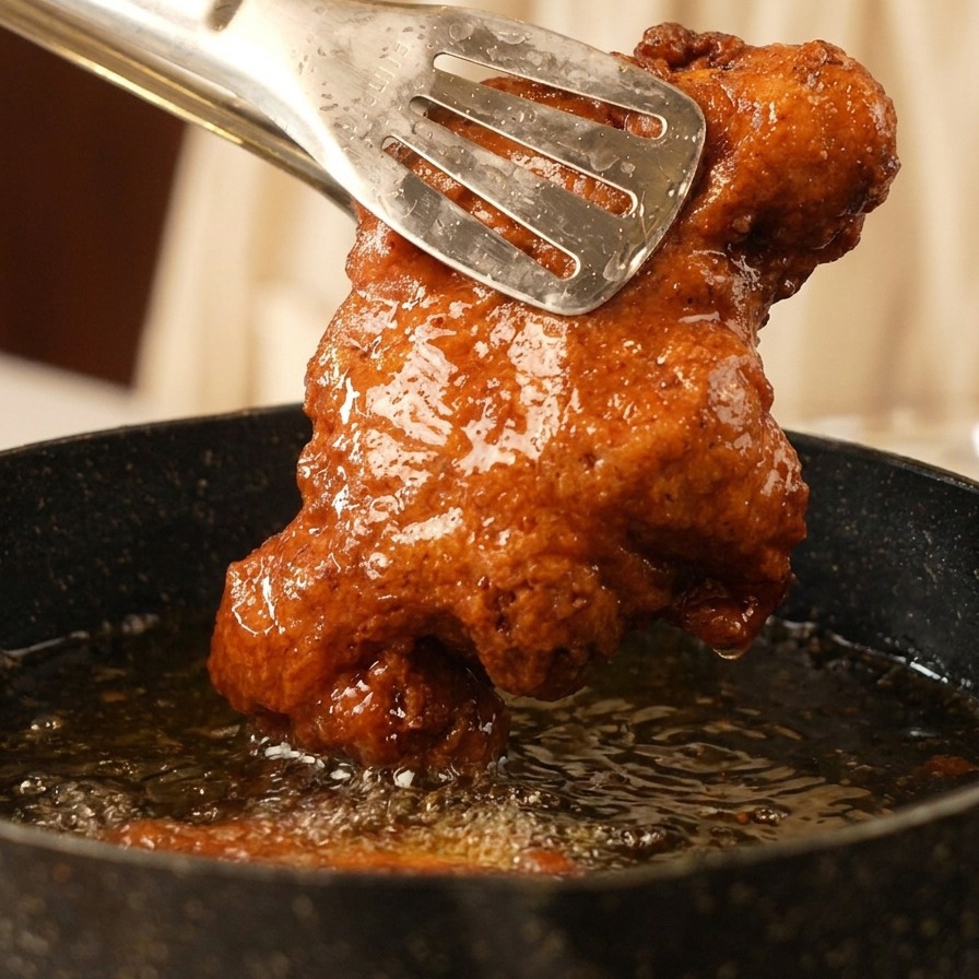 Eine Metallzange hält ein goldbraun frittiertes Hähnchenstück über den Topf mit Öl.