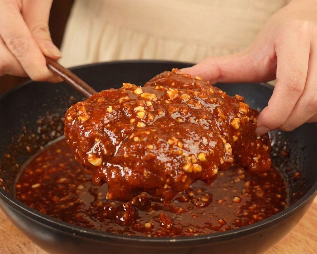 Ein Stück Fried Chicken wird in einer glänzenden roten Sauce mit Erdnussstücken gewendet.