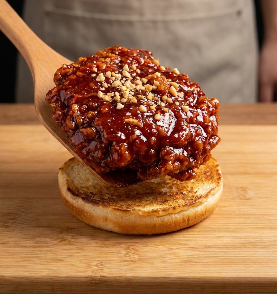 Ein glasiertes Hähnchenstück mit Nüssen wird mit einem Spatel auf den Burger-Bun gesetzt.