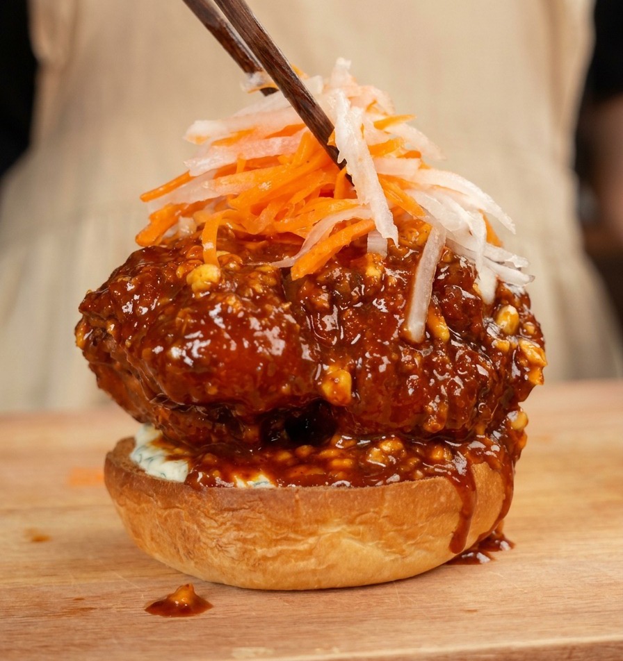 Stäbchen legen einen Haufen Karotten- und Rettichstreifen auf den Chicken Burger.