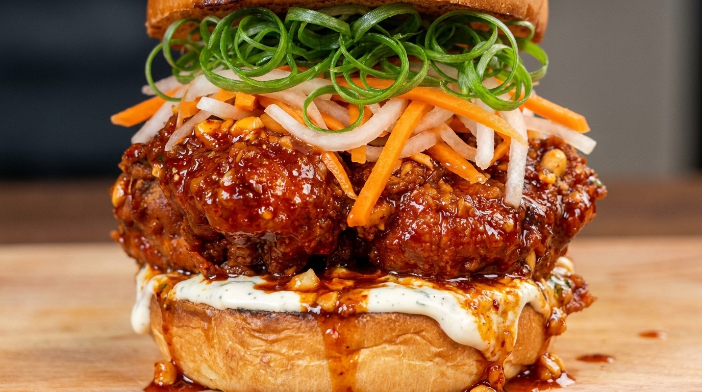 Koreanischer Spicy Fried Chicken Burger mit Knoblauch-Gochujang-Glasur