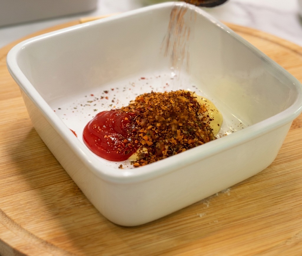 Scharfe rote und orangefarbene Gewürzflocken werden aus einem Behälter in die Schale mit Mayonnaise und Ketchup gestreut.