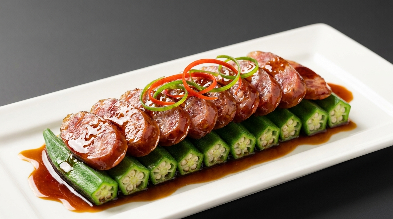 Gedämpfte chinesische Wurst mit Okra (Lạp Xưởng Hấp Đậu Bắp)