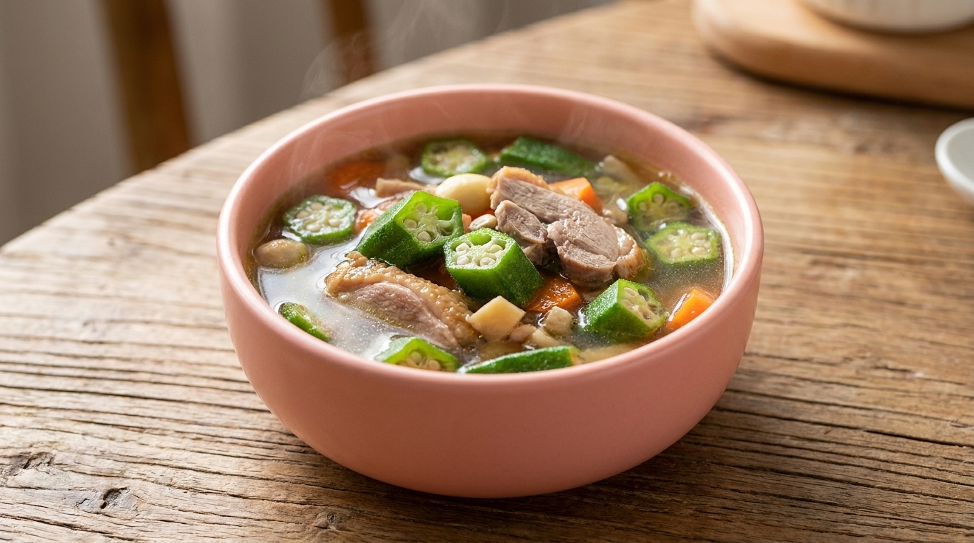 Eine Schüssel mit nahrhafter Okra-Enten-Suppe und einer klaren, herzhaften Brühe.