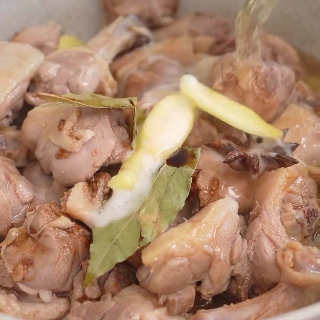 Klare Flüssigkeit wird von oben in eine Pfanne gegossen, die Entenfleisch, Lorbeerblätter, Sternanis und in Scheiben geschnittenen Ingwer enthält.