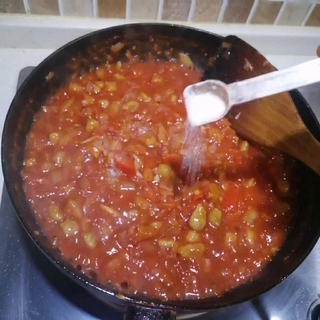 Ein kleiner Messlöffel mit Salz wird über die köchelnde, dicke rote Sauce in der Pfanne gegeben.