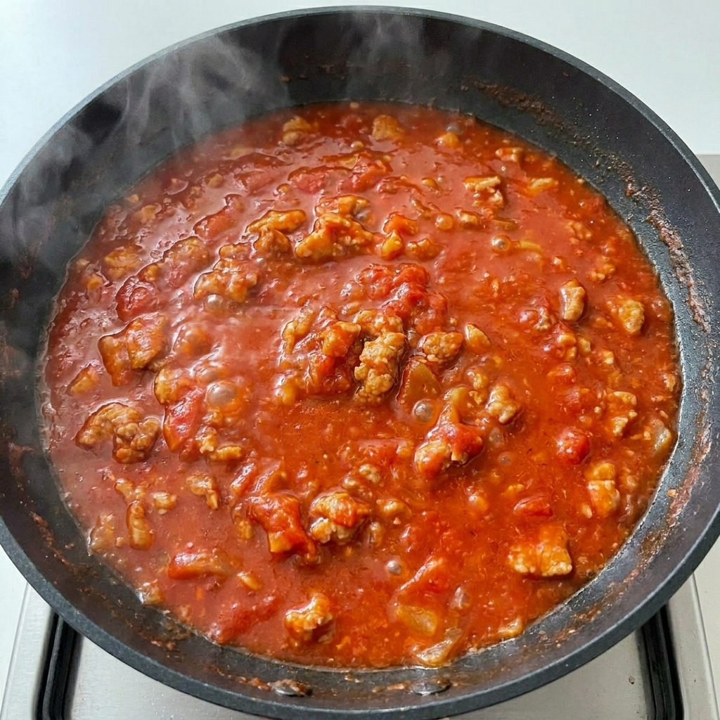 Nahaufnahme einer blubbernden roten Sauce in einer Pfanne, die mit frisch gemahlenem schwarzen Pfeffer gewürzt wird.
