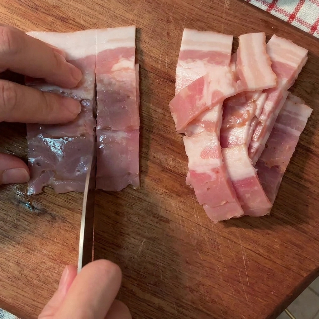 Finger halten den rohen Speck fest, während ein Messer ihn auf einem Holzbrett in gleichmäßige Streifen schneidet.