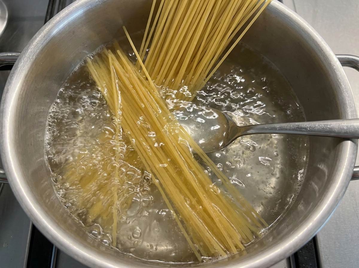 Trockene Spaghetti-Nudeln werden mit einem Metalllöffel in einen Topf mit sprudelnd kochendem Wasser gedrückt.