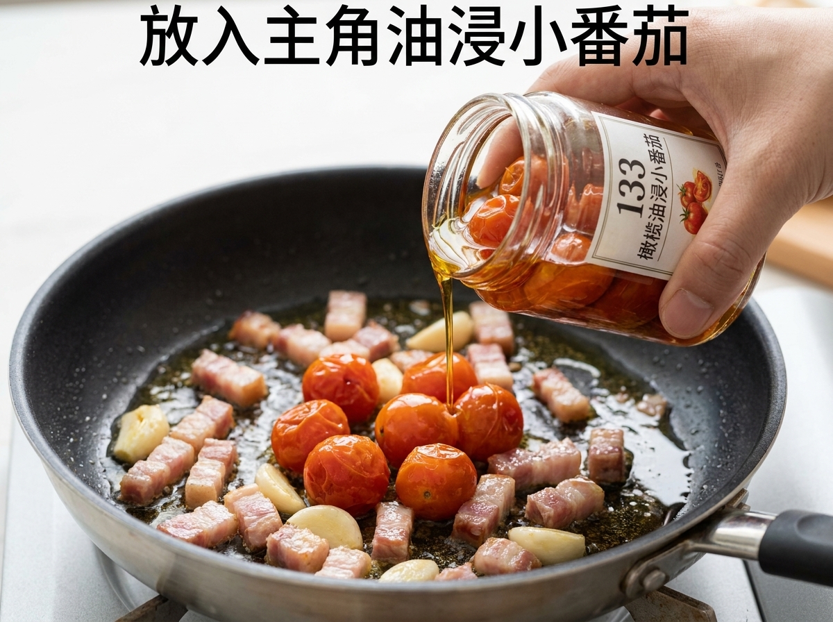 Getrocknete Tomaten werden in eine Pfanne mit gebratenem Speck und Knoblauch gegeben.