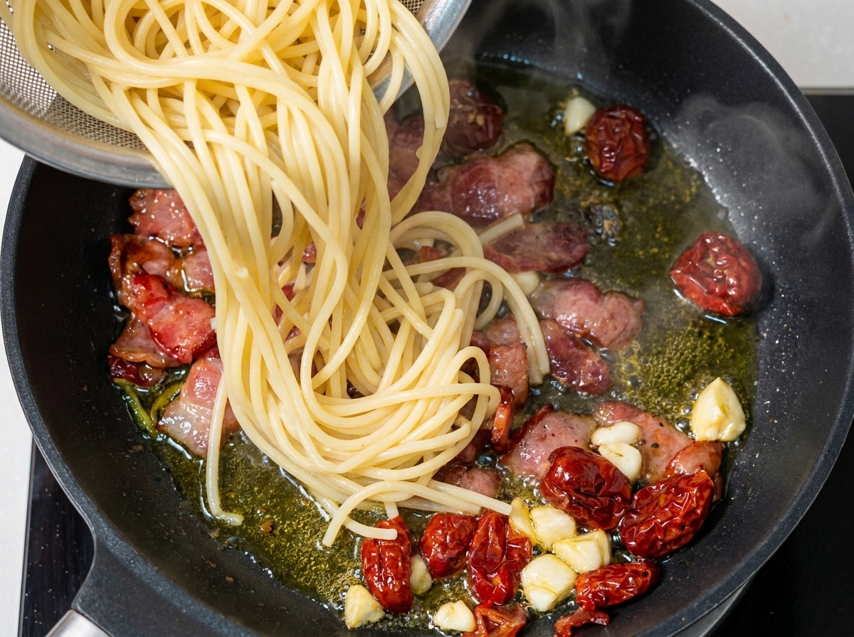 Gekochte Spaghetti-Nudeln werden in eine Pfanne mit Speck, Tomaten und Knoblauch gegeben.