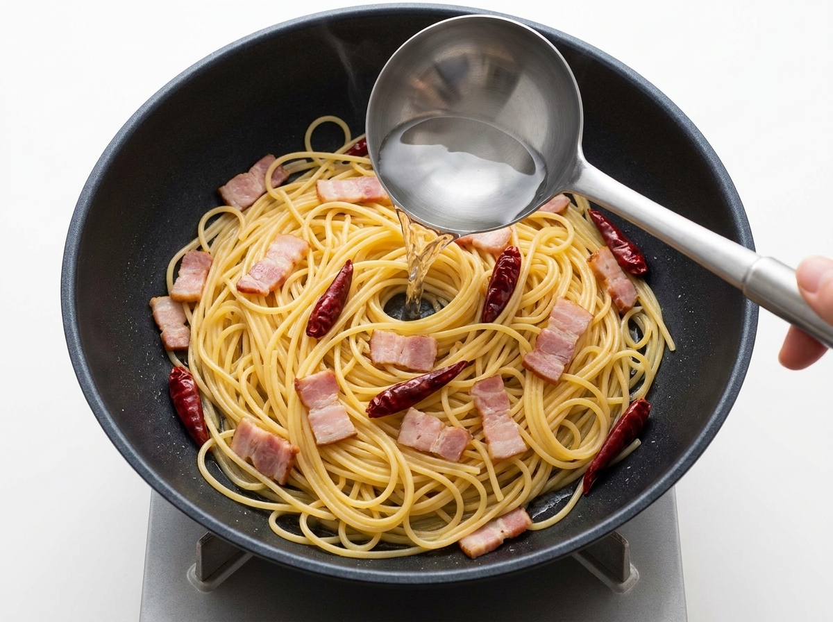 Eine Schöpfkelle mit Nudelwasser wird über die Spaghetti in der Pfanne gegossen.