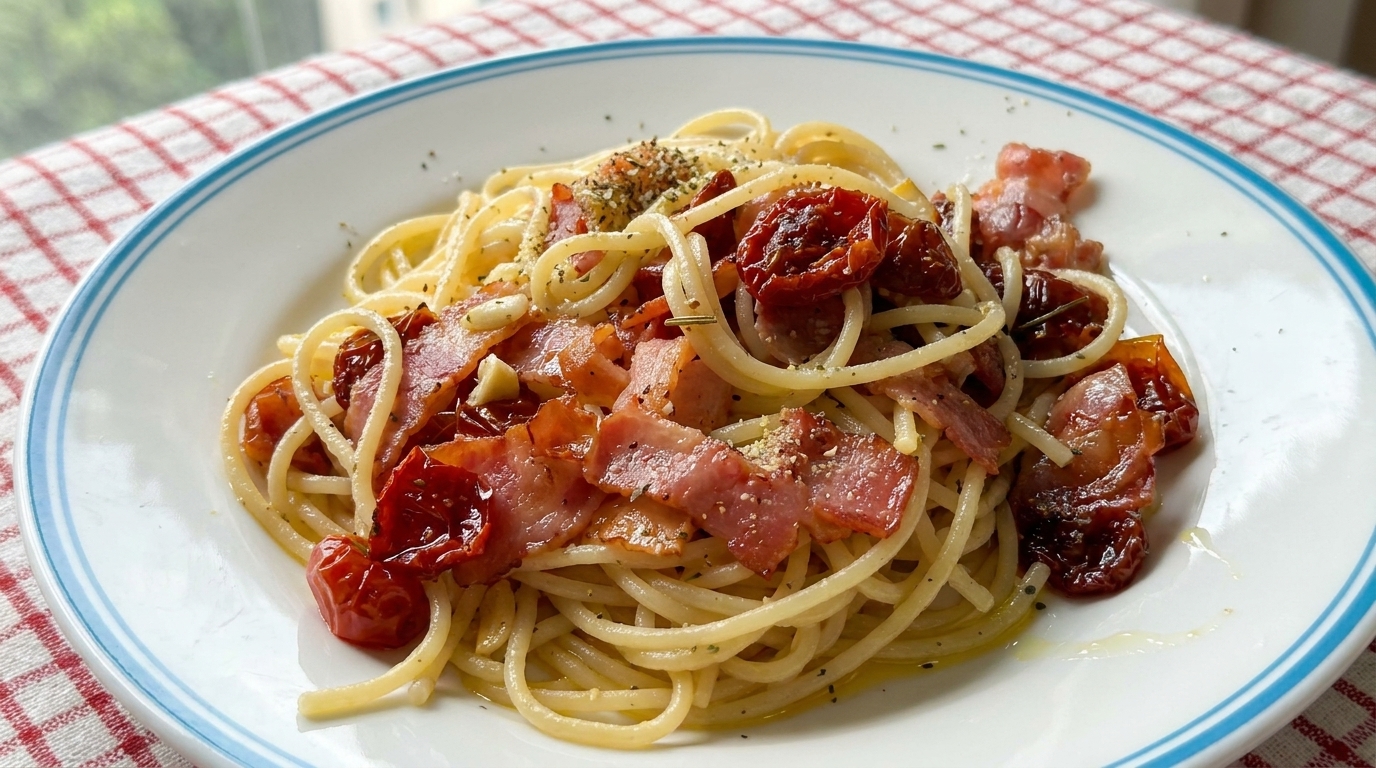 Spaghetti mit getrockneten Tomaten und Speck