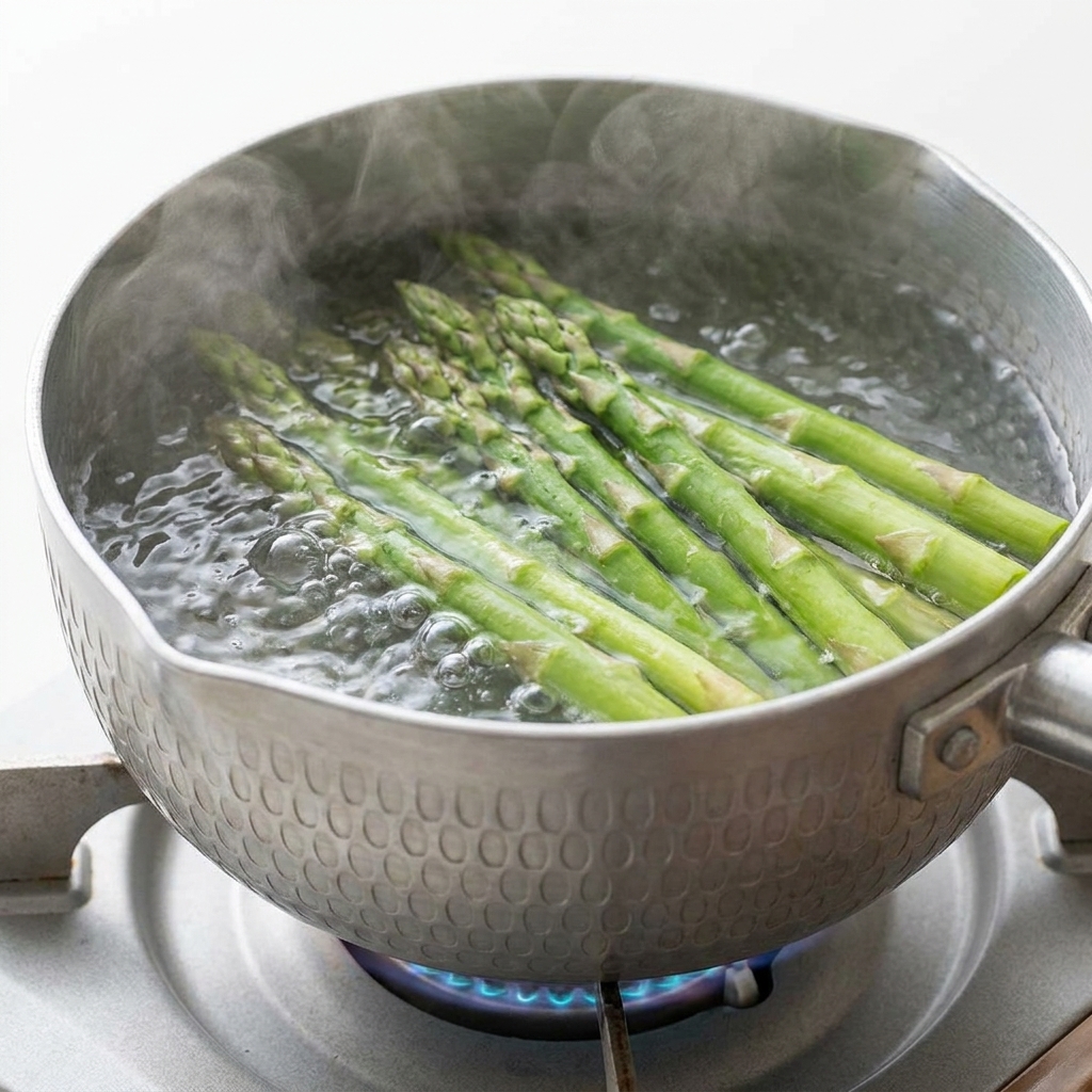 Frischer grüner Spargel wird in einem Topf mit sprudelnd heißem Wasser blanchiert.