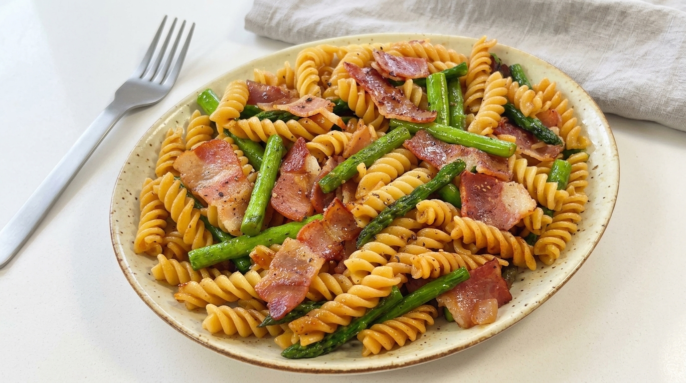 Ein rustikaler Teller Fusilli-Nudeln mit knusprigem Speck und leuchtend grünem Spargel.