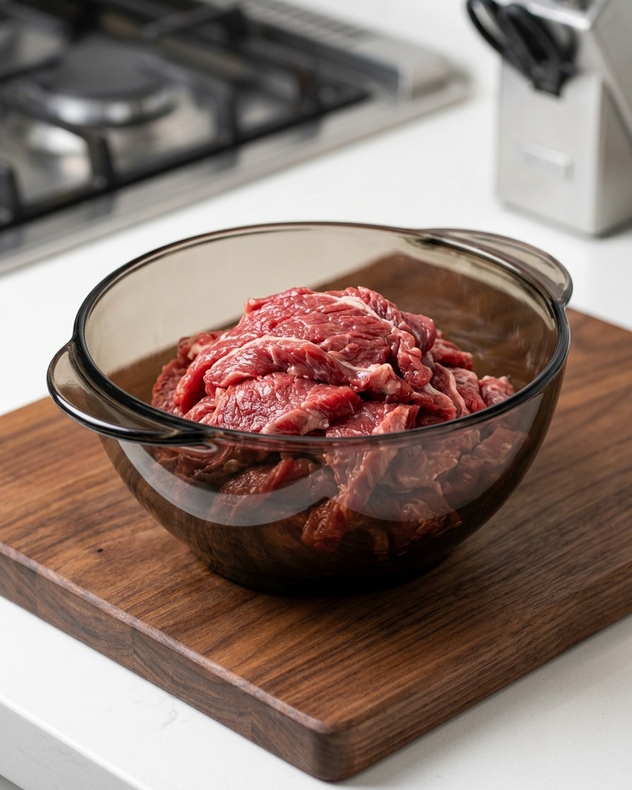 Wasser wird in die Schüssel mit dem Fleisch und der Stärke gegossen.