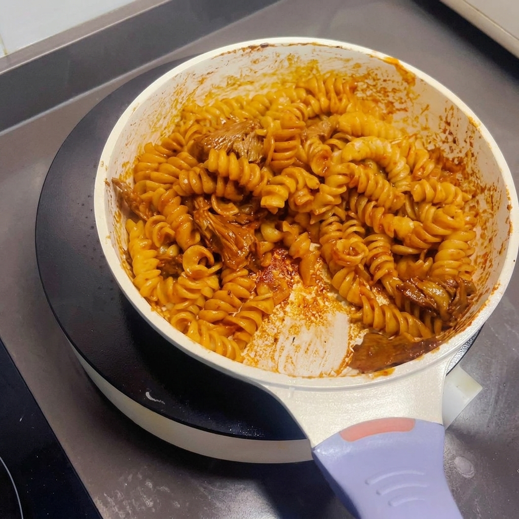 Das fertige Gericht wird in der Pfanne mit einem Spatel durchgemischt.