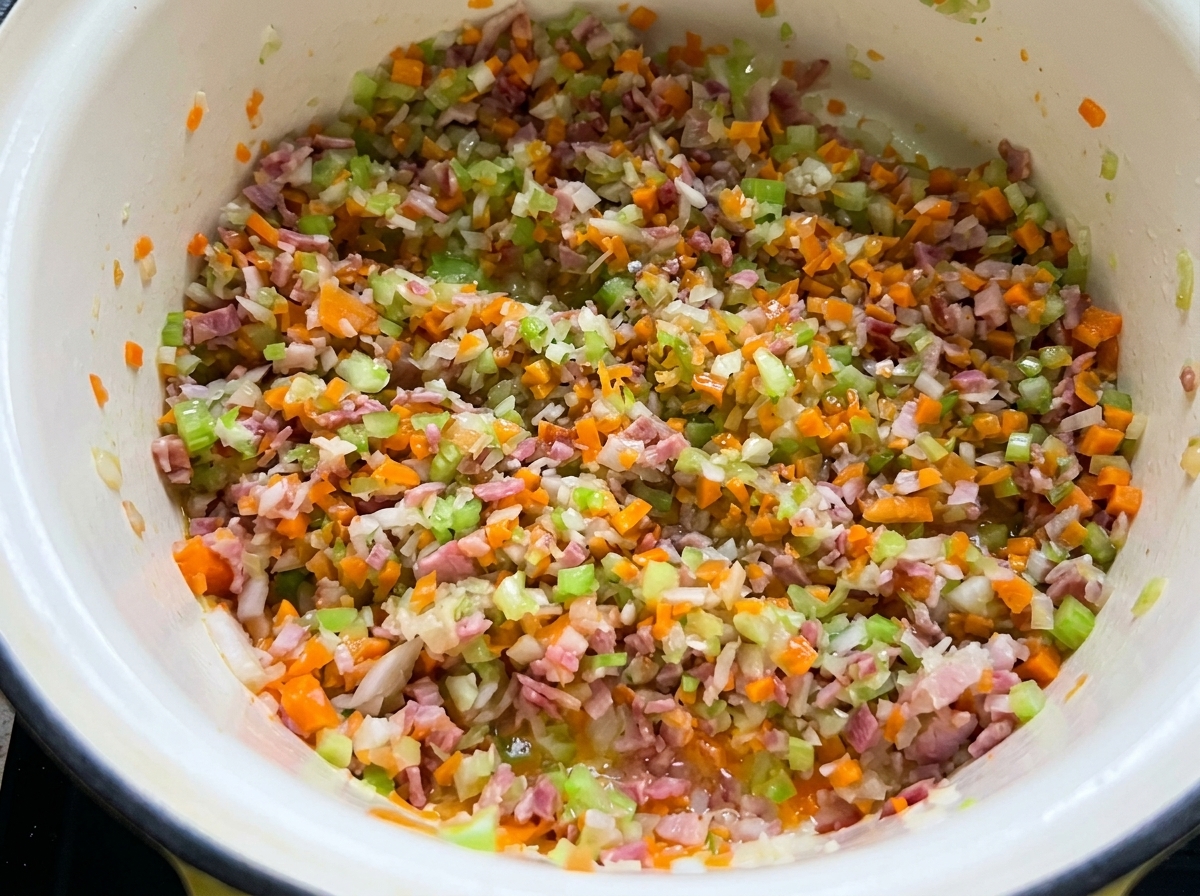 Hackfleisch brät in einem Topf mit Gemüse und wird mit einem Holzlöffel umgerührt.