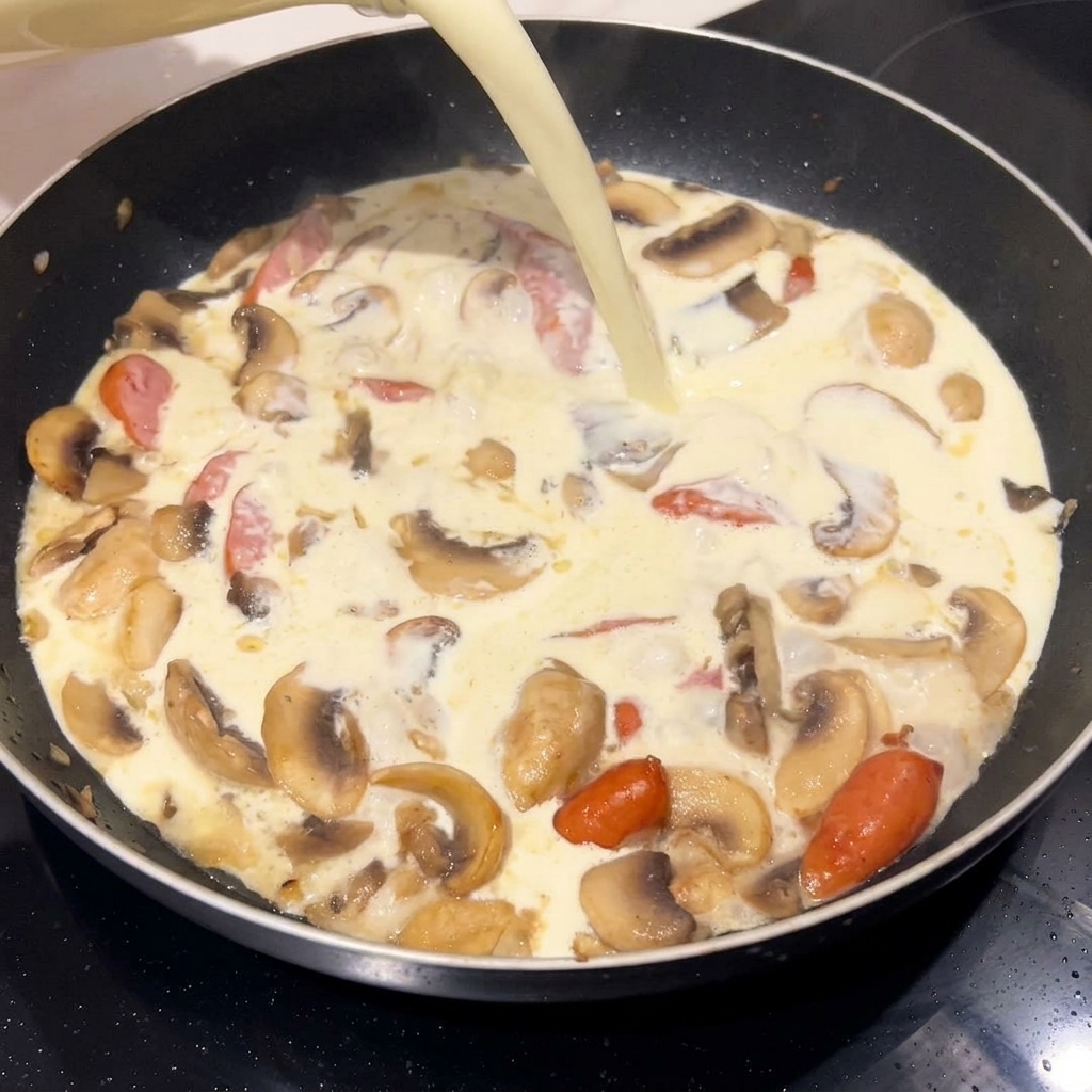 Sahne wird zu dem Knoblauch in die Pfanne gegossen und bildet eine cremige Basis.