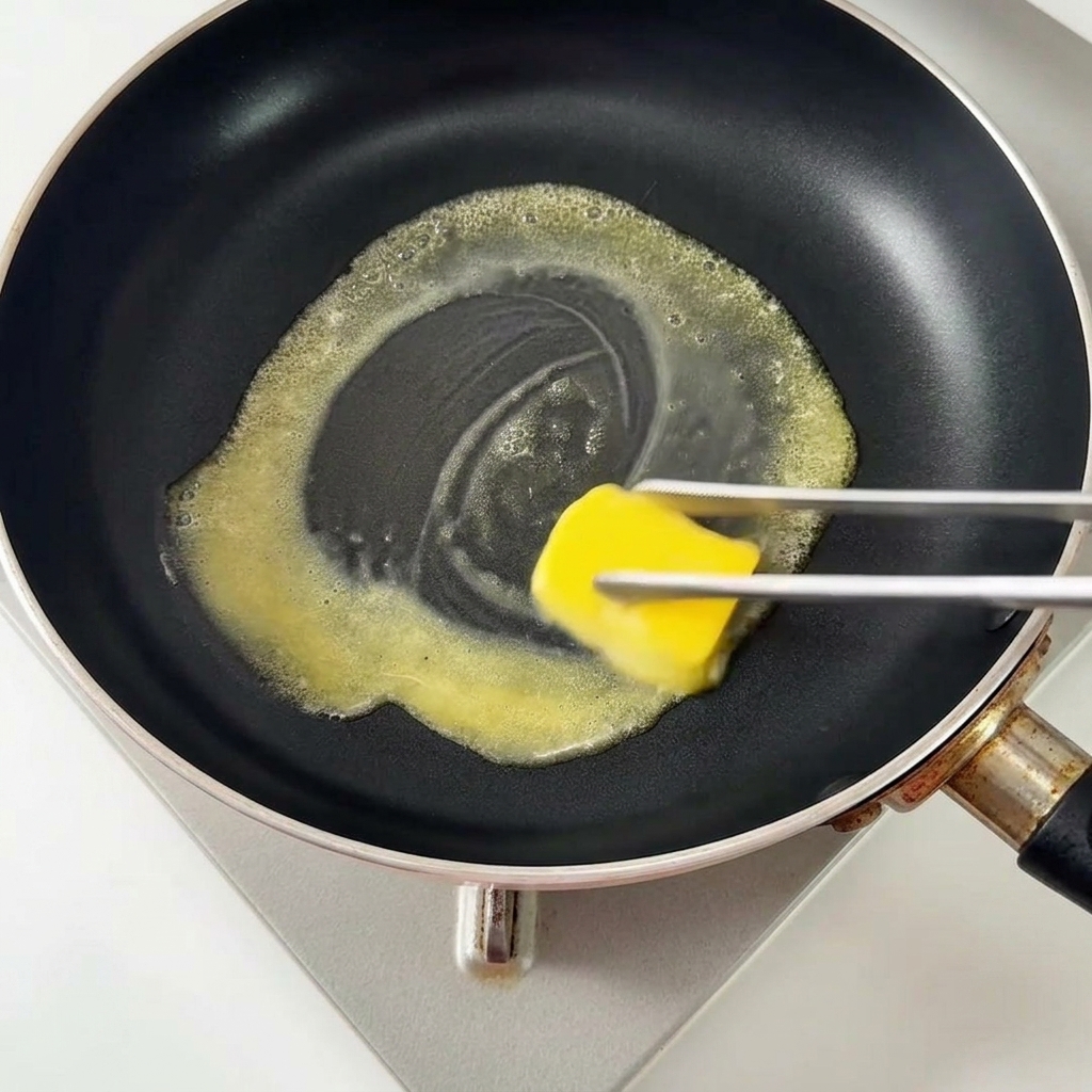 Ein Stück Butter schmilzt in einer heißen, beschichteten Pfanne.