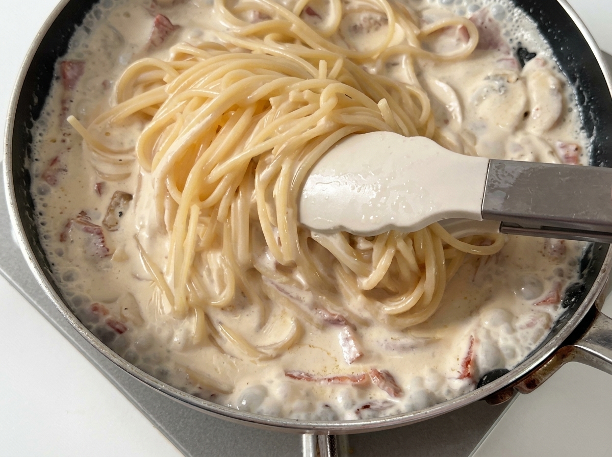 Gekochte Spaghetti werden in die Pfanne mit der cremigen Sauce gegeben.