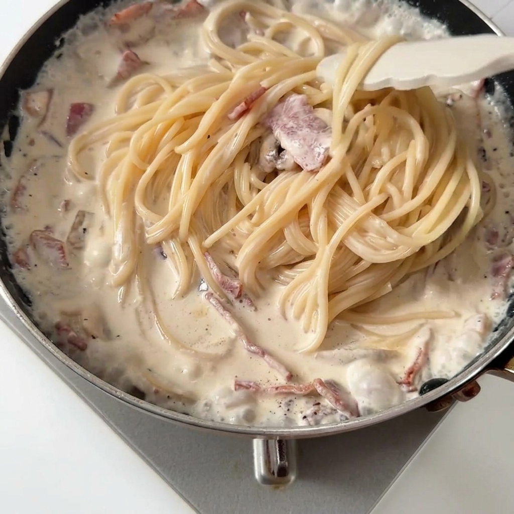 Spaghetti werden mit einer Silikonzange in der Pfanne mit Sauce, Speck und Pilzen durchgemengt.
