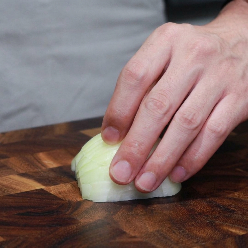 Fein gehackte Zwiebeln und Knoblauch auf einem Holzschneidebrett.